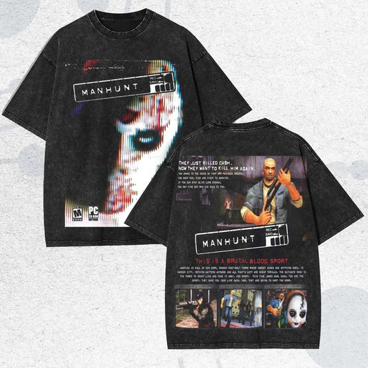2026 Hot Vintage Manhunt Violent Horror Game Washed Graphic Print T-Shirt Retro Summer Casual Cotton Streetwear Tops