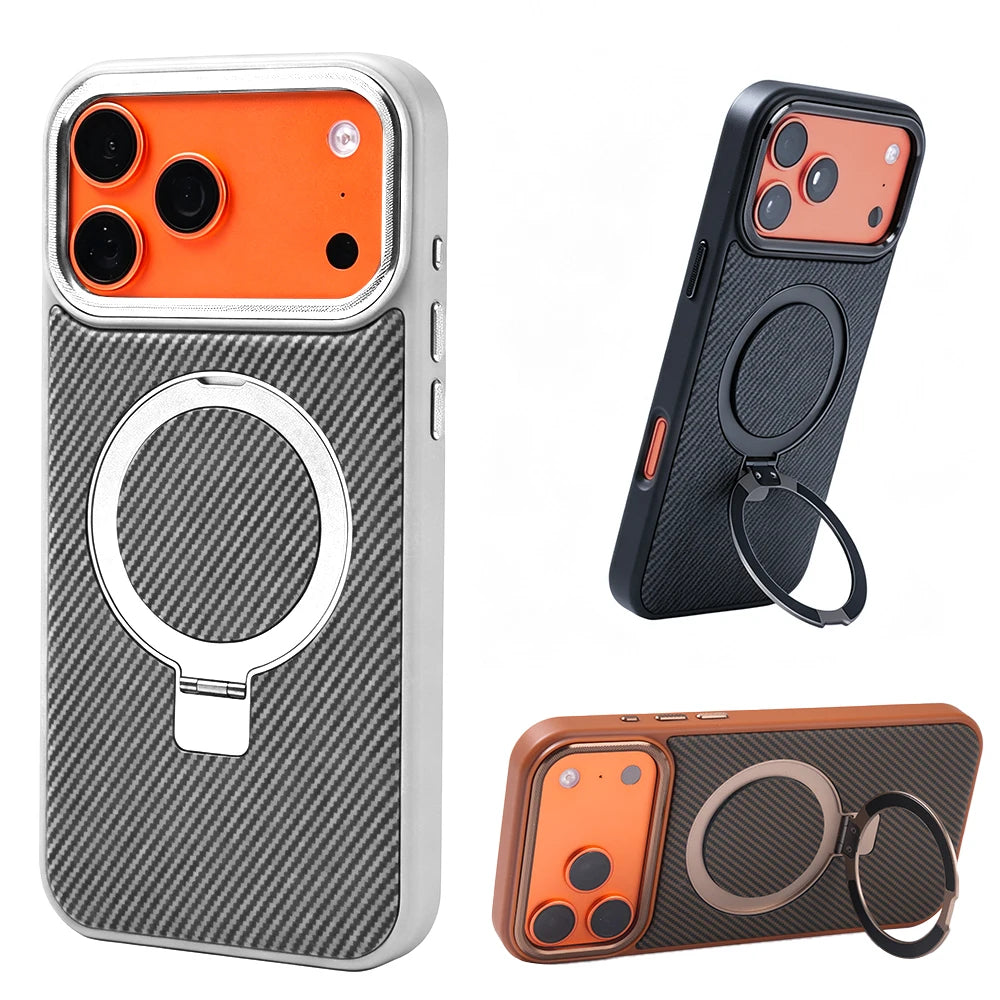 Carbon Fiber 360°Rotatable Magnetic Ring Stand Case Support Magnetic Wireless Charging Plating Camera Shockproof Cover For Phone
