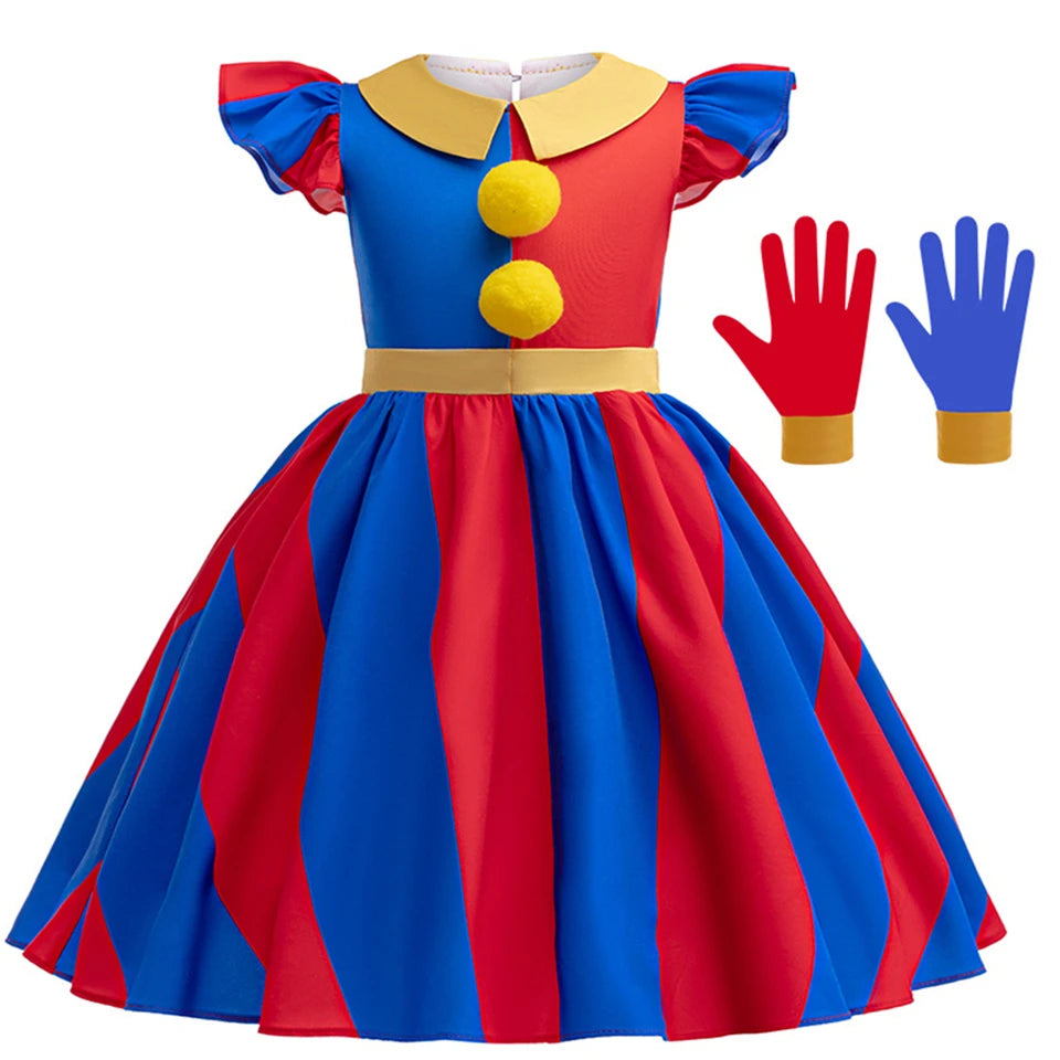 Halloween Amazing  Digital Circus Pomni Cosplay Costume Carnival Fancy Red Blue Clown Dress Up Disguise Joker Headwear