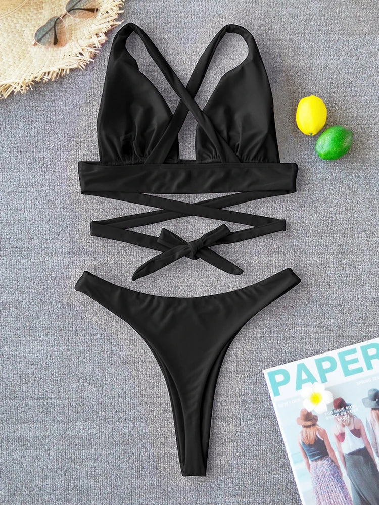 Sexy Bikini 2025 Solid Swimsuit Female Swimwear Women Push Up Bikini Set Cross Bandage Bathing Suit Beach Wear Swimming Suit