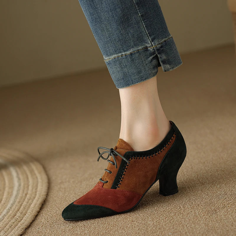 2025 New Spring Autumn Retro Mature Women Pumps Office Ladies High-heeled Lace-Up Genuine Leather Suede Shoes Woman High Quality