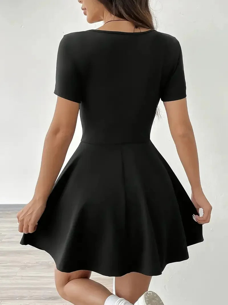 Summer 2025 Brown Knitted Short Casual Dress Mini Skirt Length Polyester Fiber Square Collar Empire Waistline Regular Sleeve