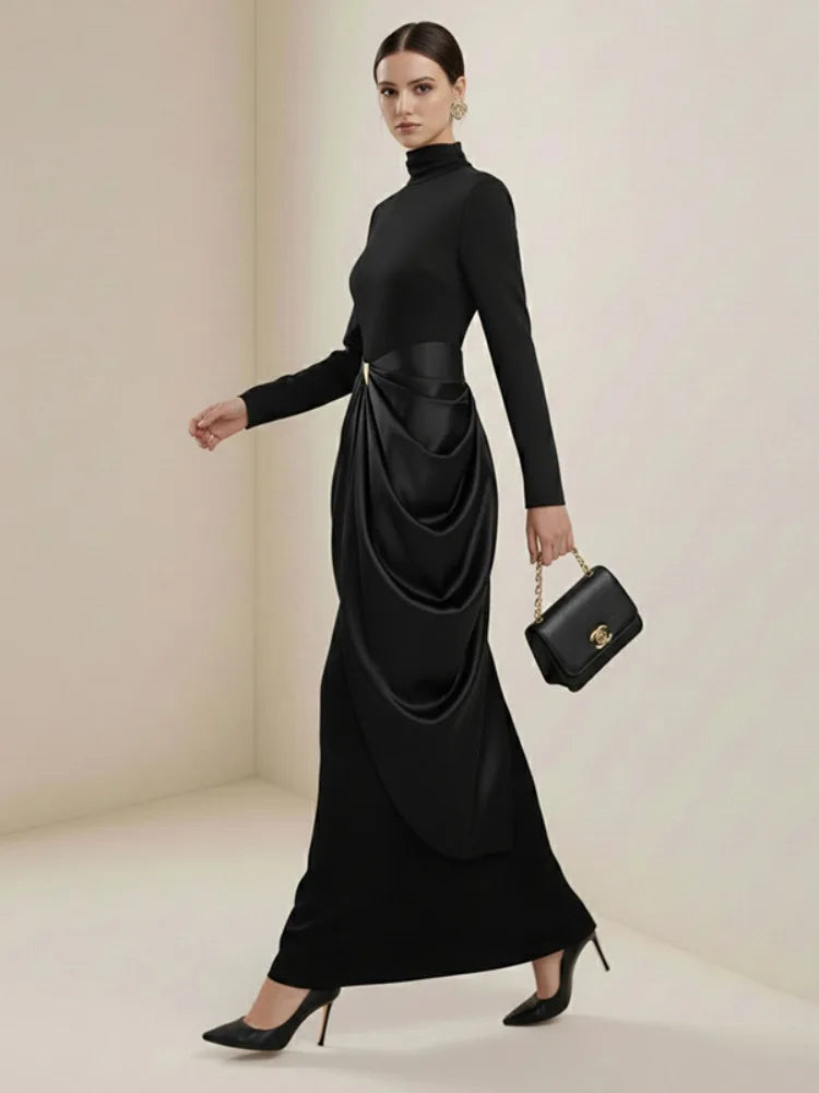 Missuoo 2025 Autumn New Women's Evening Dress Black High Neck Long Sleeves Split-joint Pleated Maxi Dress High Waist Party Gown