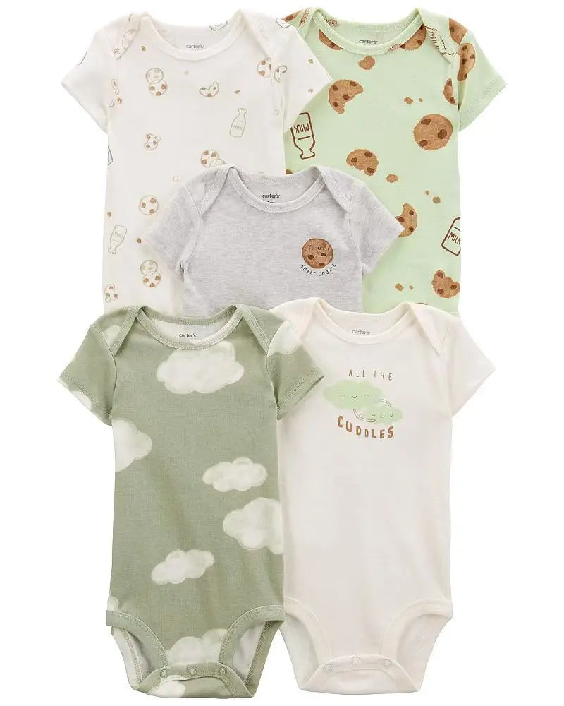 Summer Baby Romper 5pcs Set, Newborn Short Sleeve Onesies, Unisex Infant Bodysuit,  Cotton Sling, 0-1Y