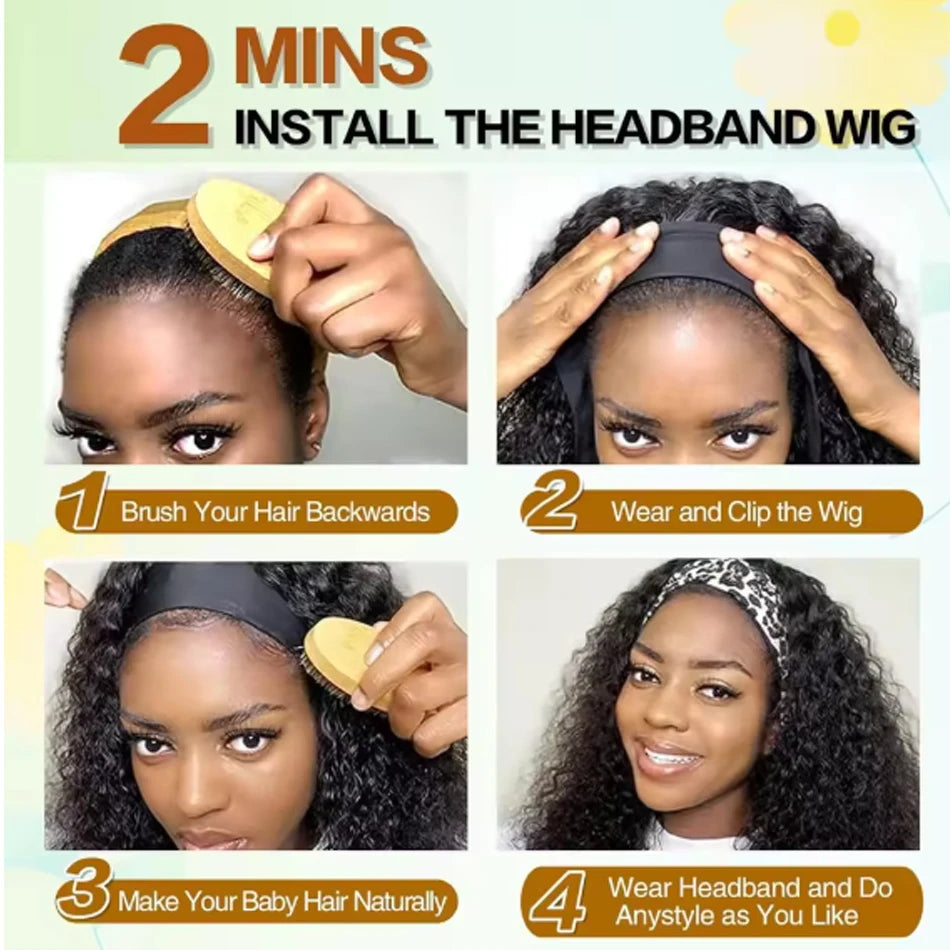 Afro Kinky Curly Headband Human Hair Wig For Women Water Curly Wigs With Black Headband Hair Easy to Style No Lace Front No Glue