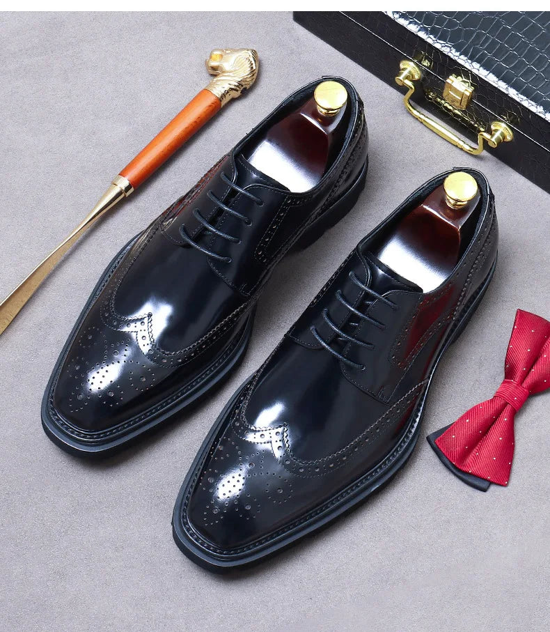 Size 38 To 46 Classic Italian Genuine Leather Men's Dress Shoes Black Lace-up Wingtip Oxfords Business Wedding Brogue Suit Shoes