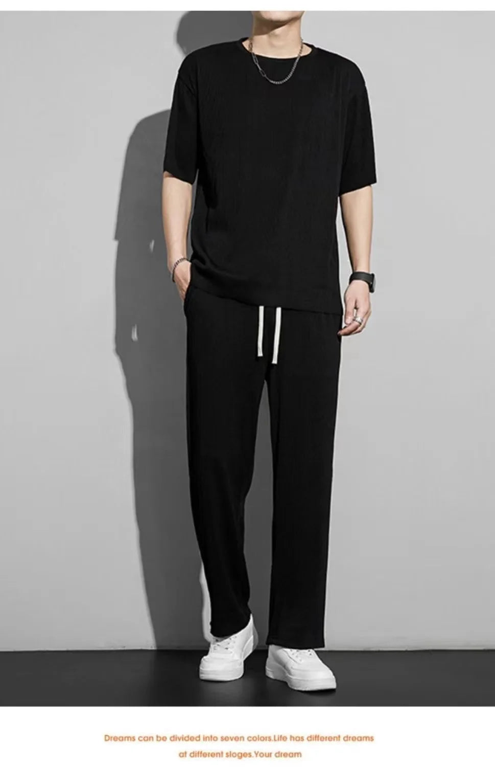 Men's Wrinkled Ice Silk Sports Set 2024 Summer New Short sleeved Long Pants Two piece Set Fashionable, Breathable, and Cool 3