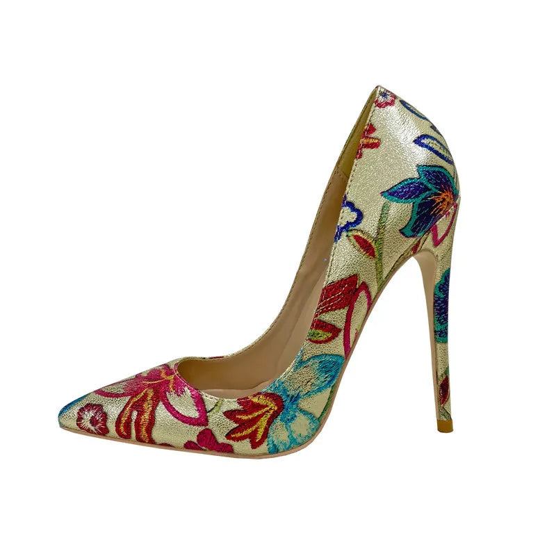 Fashion Print Women's Pumps 8CM 10CM 12CM Sexy Pointy Toe Luxury Female Shoes 2025 Spring Summer All-Match Woman Gold High Heels