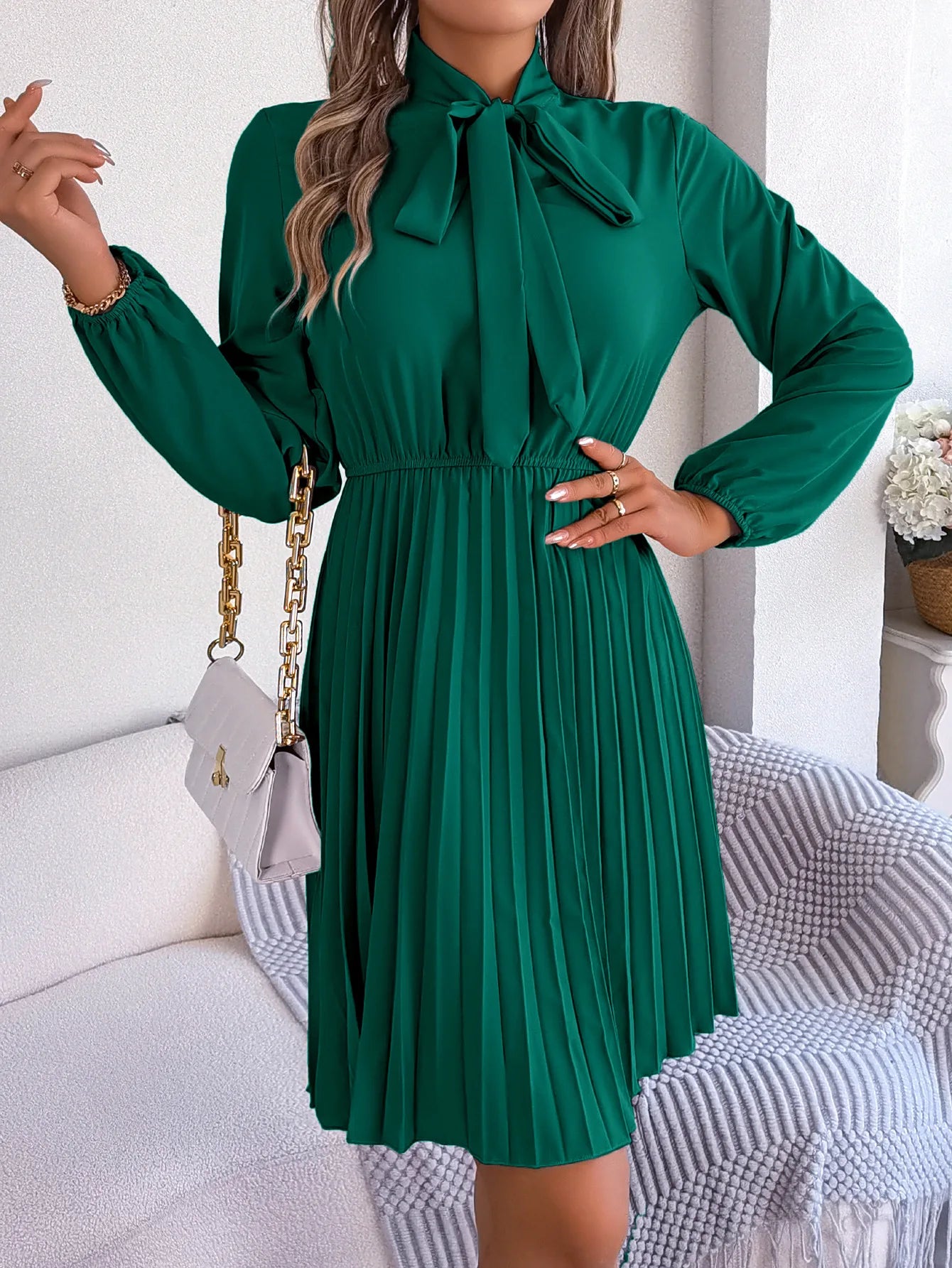 Women Fall Vacation Elegance V Neck Solid Tie Waist Ruffle Hem Pleated Midi Dress Long Sleeve Wedding Dress