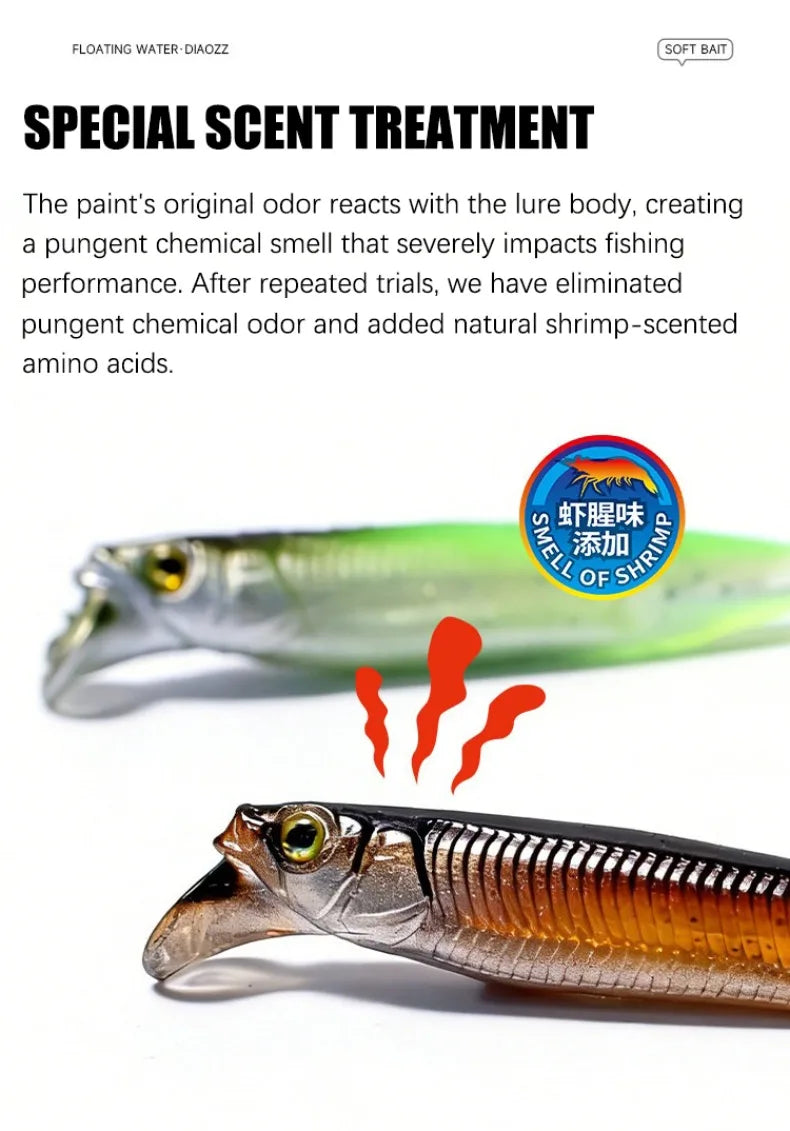 Rolling Fish Floating TPE Soft Lure 2.5" 3" Hollow Channel Design Wobbler Soft Bait Left‑Right Rolling Action Artificial Baitait