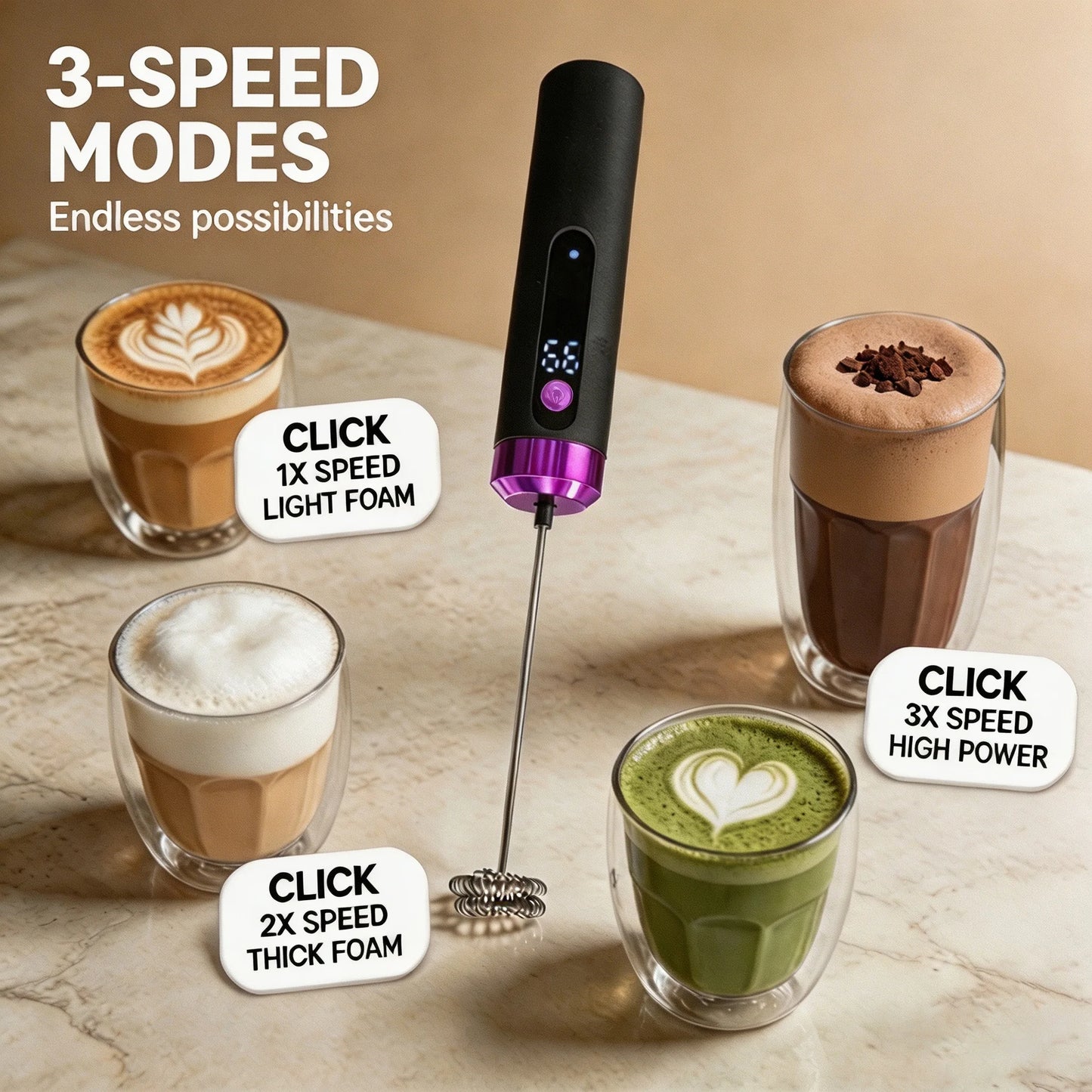 Electric Milk Frother USB Rechargeable Handheld 3 Speeds Coffee Foam Maker Cappuccino Frothing Wand Mixer for Kitchen Cafe Use