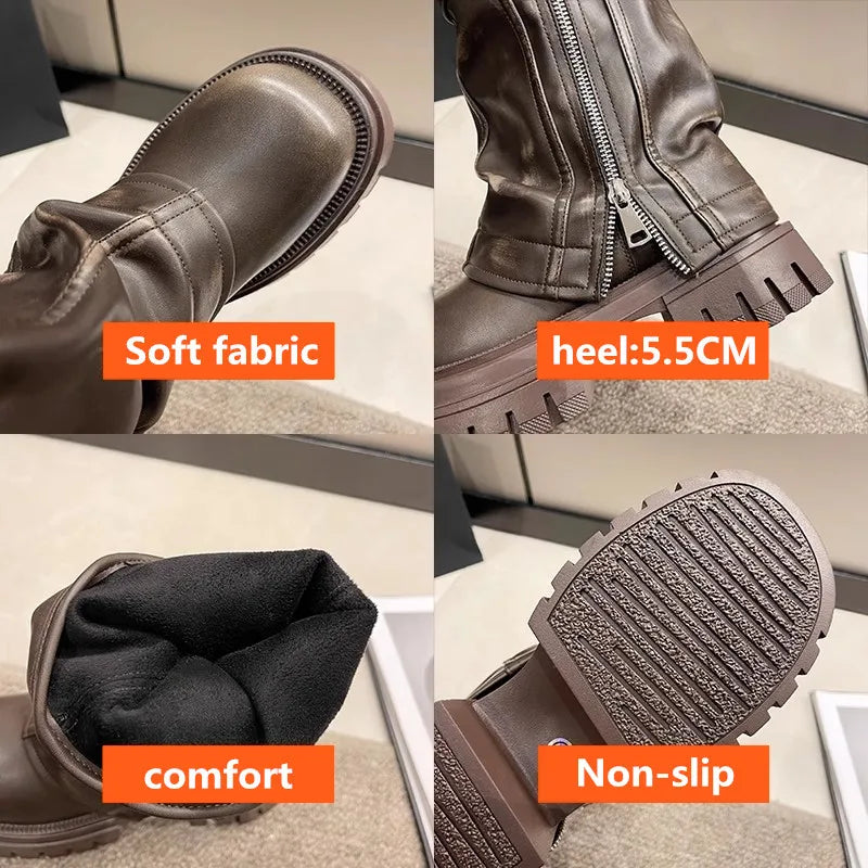 2025 Winter Designer Women Mid-calf Boots Western Short Boots Belt Buckle Soft Leather Boots Fashion Thick Bottom Platform Shoes