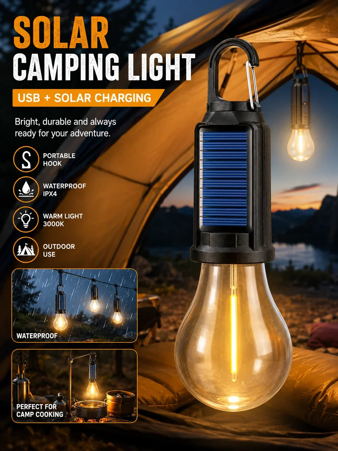 Solar Camping Light Bulb USB Rechargeable Hanging Tent Lamp Waterproof Portable Outdoor Lantern for Camping BBQ Garden Decor
