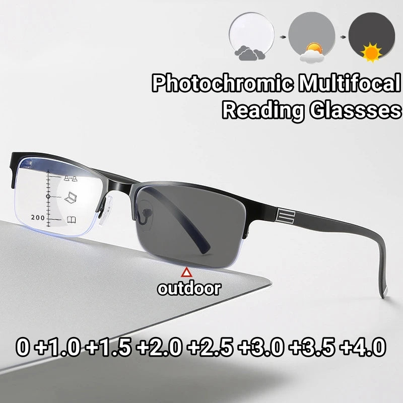Photochromic Multifocal Reading Glasses Business Half Frame Presbyopia Eyewear Classic Color Changing Anti Blue Light Eyeglasses