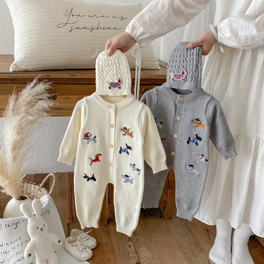 2Pcs Autumn and Winter Baby Clothes Cute Cartoon Dog Newborn Clothes Knitted Warm Boys and Girls Baby Jumpsuit+Hat Set