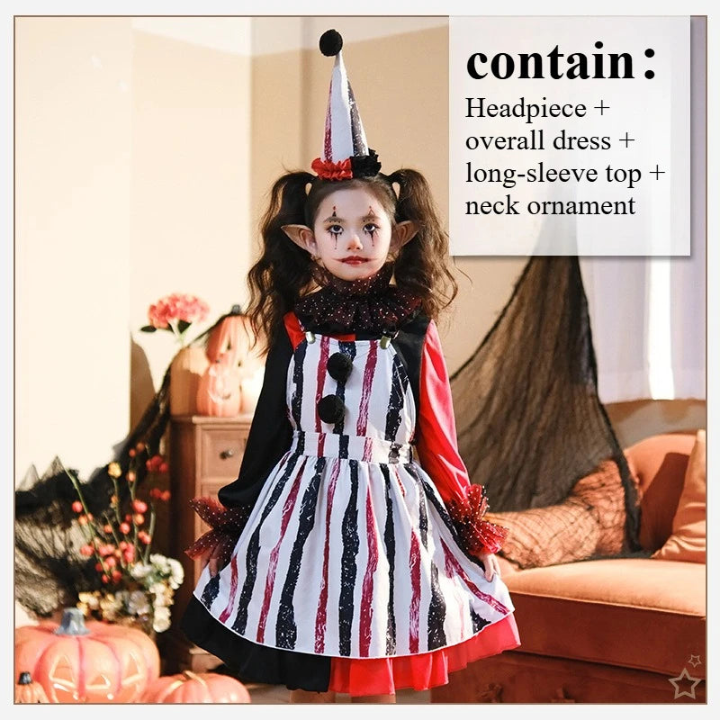 Halloween Cosplay Costumes Horror Clown Dresses Pants Headwear Clothes Sets Carnival Theme Party Role Playing Outfits for Girls