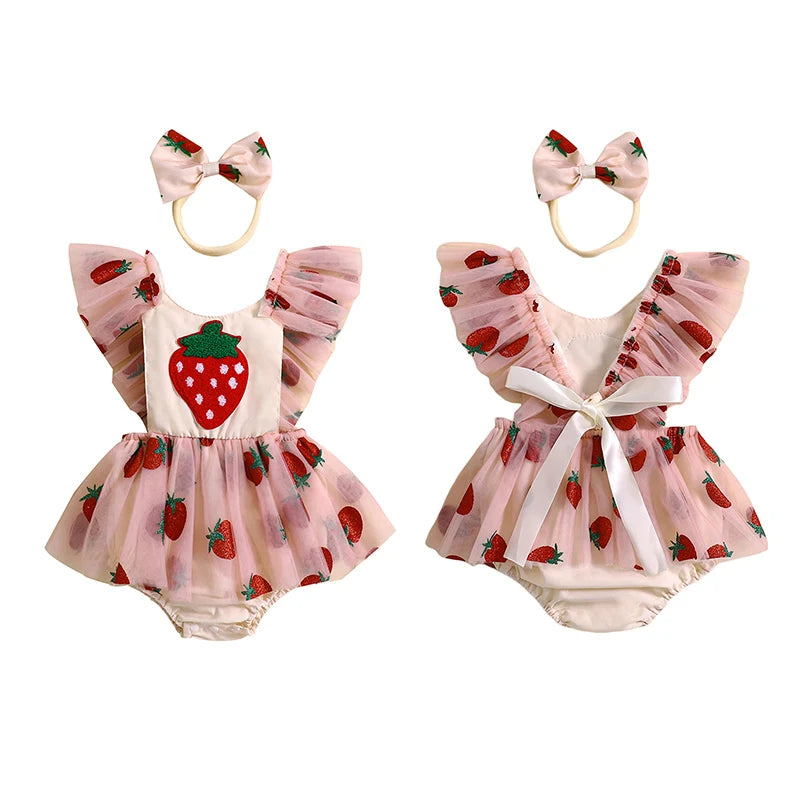 Baby Girl Summer Outfit, Strawberry Embroidery Fly Sleeve Romper Dress Bow Headband Toddler 2 Piece Set
