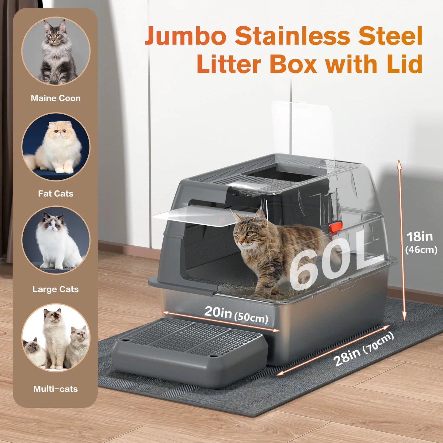 XXXL Stainless Steel Litter Box with Lid，Extra Large 28"L*20"W*18.1"H Metal Cat Litter Boxs,Jumbo Enclosed Removable Litter Box