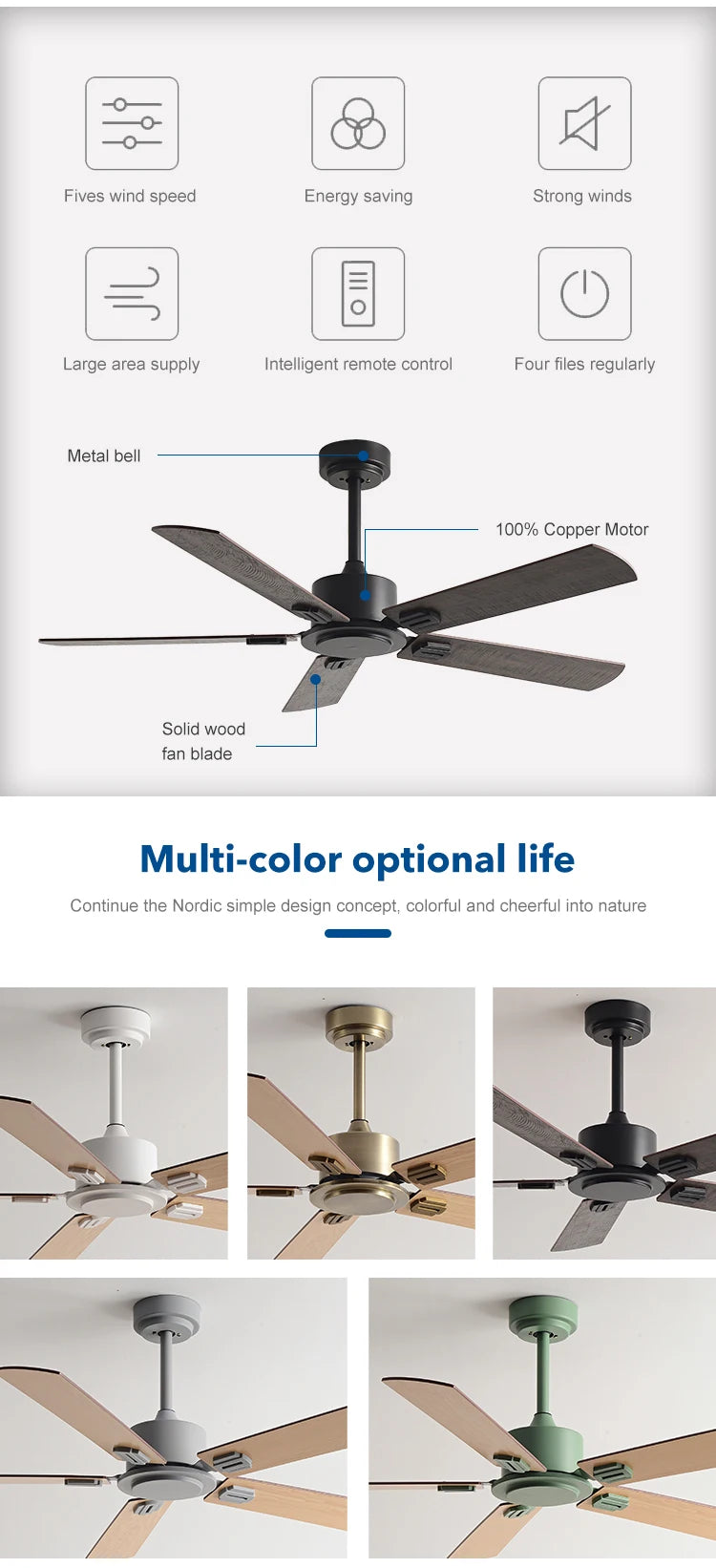 Large Ceiling Fan 52 Inch 5 Wood-Style Blades DC Mo tor Remote Control Quiet Running Fan for Living Room