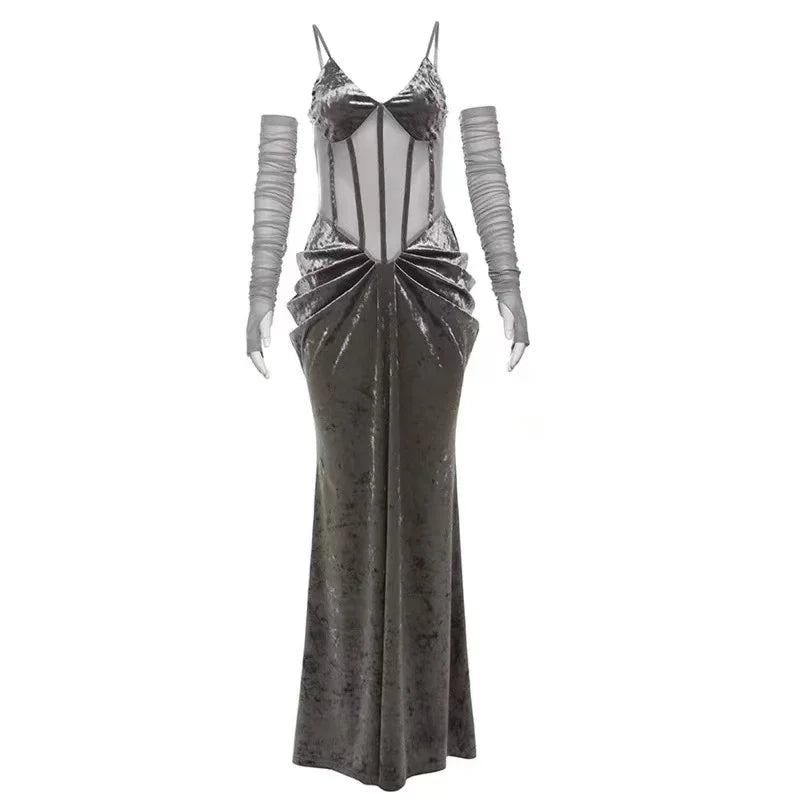 Fashion Velvet Women Camis Dress Y2K Sexy Slim Spaghetti Straps All Match Midi Dress Korean Chic Pleats Party Club Long Dress