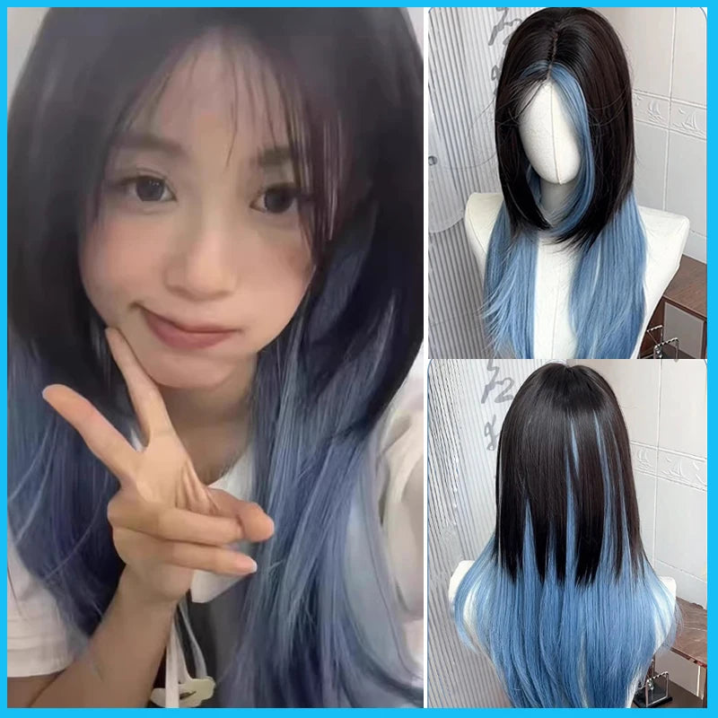 Ombre Pink Brown Wig for Women Cute Lolita Hair Wig with Bangs High Temperature Fibers Synthetic Wigs Headband Wigs for Cosplay