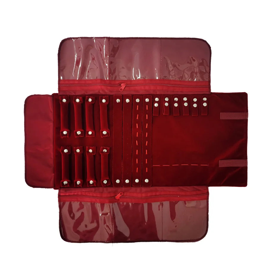 Burgundy Velvet Jewelry Roll Bag Portable Foldable for Necklace Earrings Ring Travel Exhibitions Organizer Storage Bag