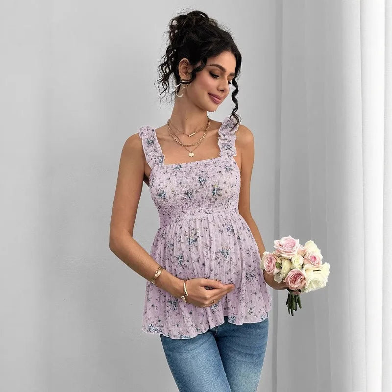 Maternity Clothing Spring and Summer New Printed Suspenders Maternity Top Square Collar A Word Maternity Vest Pregnancy Shirt