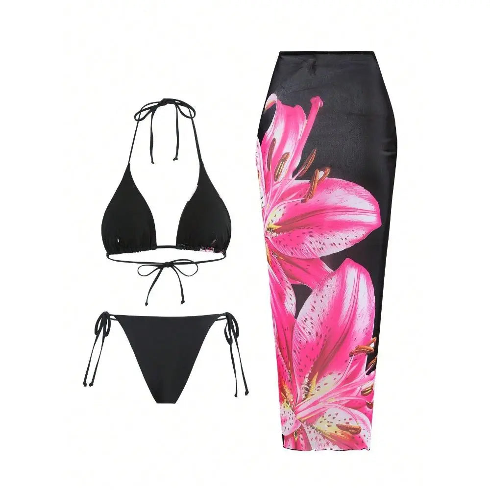 3pcs Stylish Long Dress Bikini Set for Women Halter Neck Self Tie Bathing Suits Sexy Summer Separated Swimsuits Summer Season