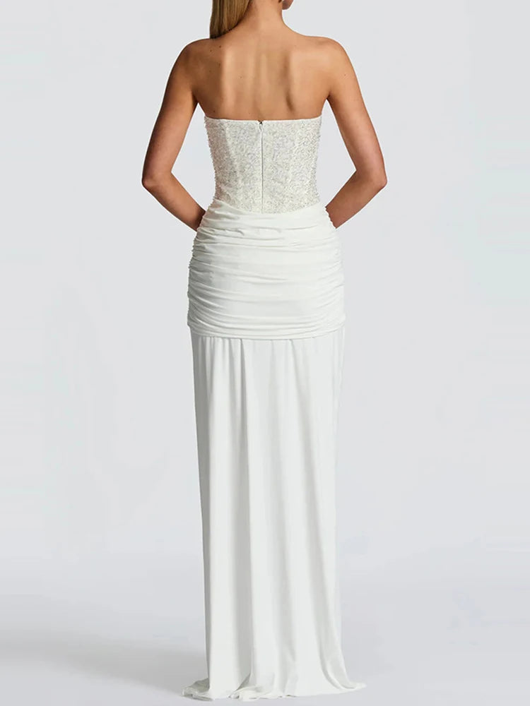 Women's Sexy Strapless Sleeveless Evening Dress Fashion Waist Slim Solid Wedding Dress Elegant Sequins Splicing Pleat Long Dress