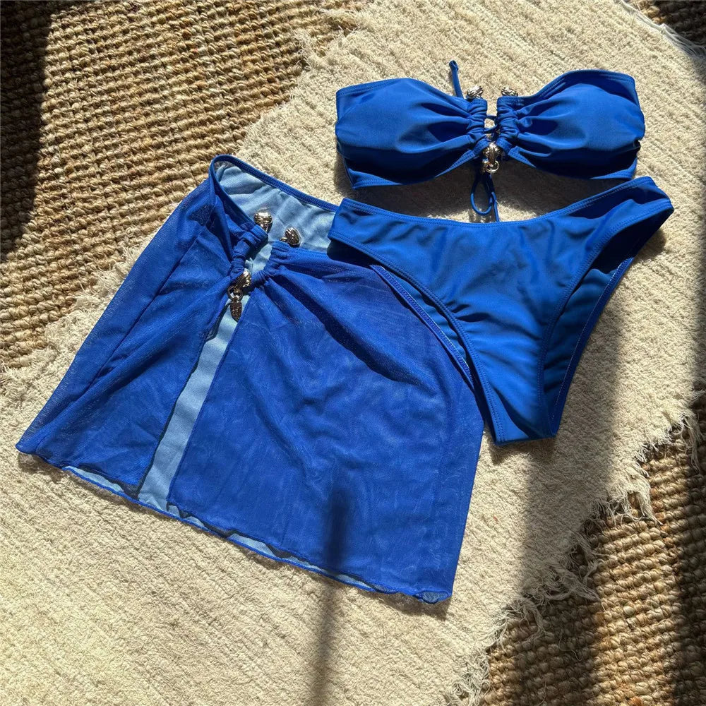 Metal Buckled Bandeau Black Bikinis Sets 3 Pieces Skirts Cover Ups Sexy Swimsuit Women 2026 Holiday Solid Swimwears Bikini Dames
