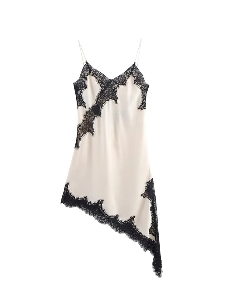 Women Satin Sexy Lace Spliced Sling Dress Sleeveless Backless Asymmetric Split Street Party Dresses 2025 Newest Lady Dress