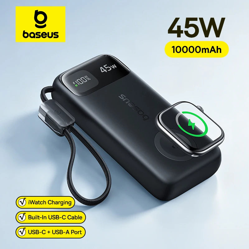 Baseus 45W 10000mAh Power Bank with 5W Magnetic Wireless Charging for iWatch & AirPods External Battery For iPhone 17 16 Pro Max