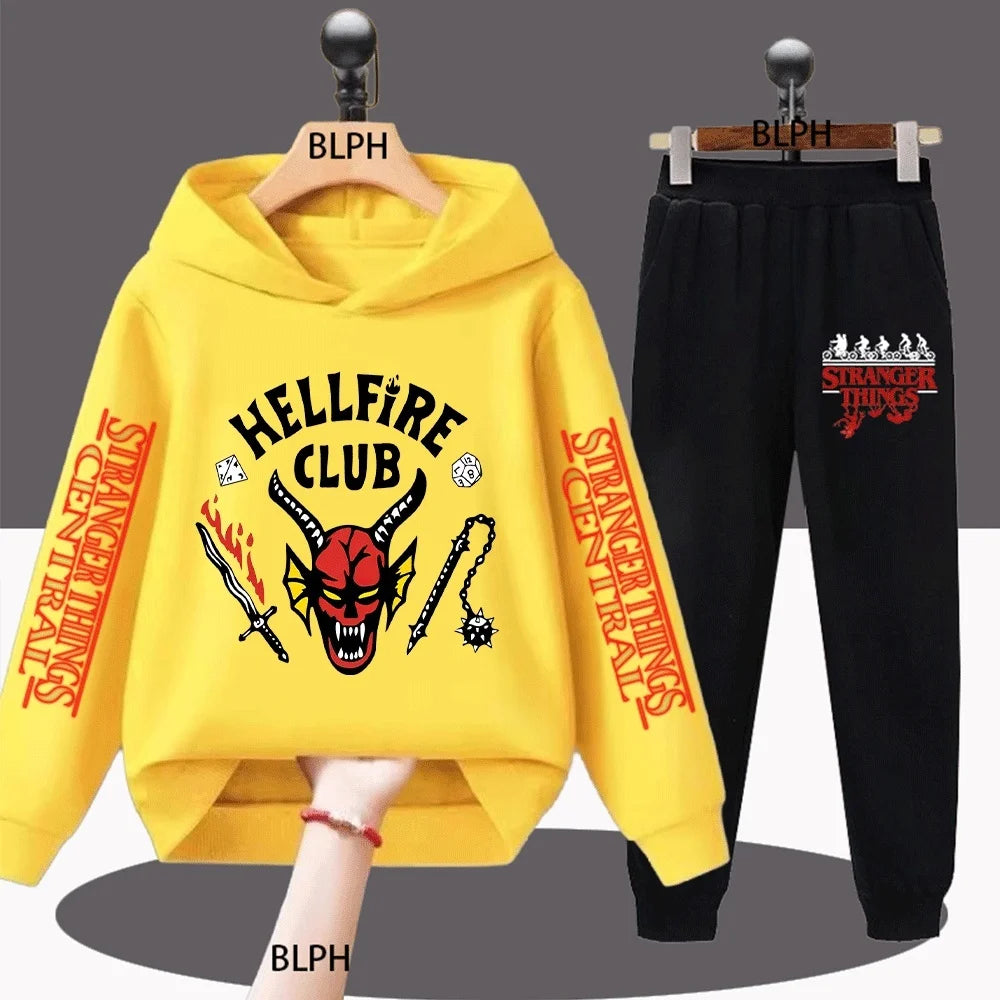 Hellfire Club Kids Hoodie Set with Devil Skull, Dice, Swords, and Spiked Chain Design for Trendy Little Ones
