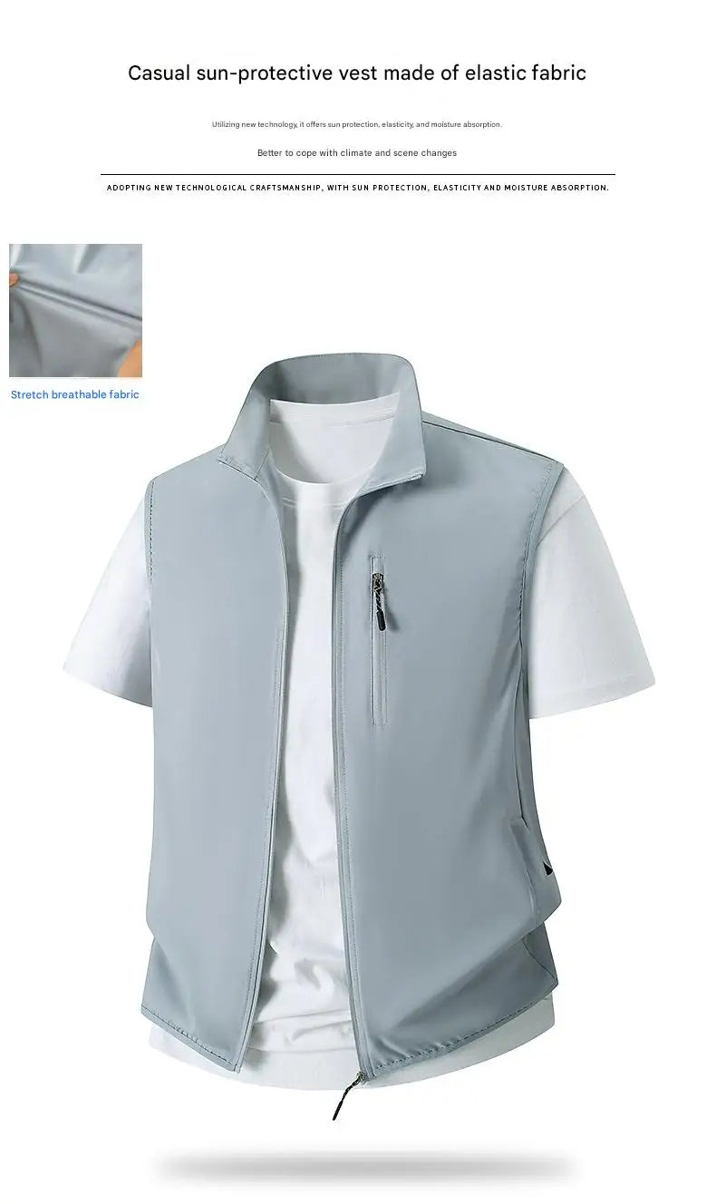 Summer Men Outdoor Cargo Vests Thin Breathable Waistcoats Fishing Sleeveless Jackets Male Sportswear Casual Elasticity Vests