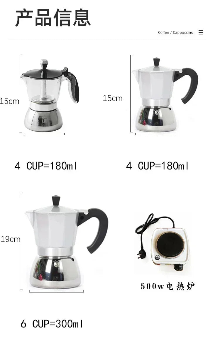 200ml 300ml Transparent And Visible Mocha Pot Home Brewed Coffee Pot Italian Stainless Steel Mocha Pot Home Brewed Coffee Set