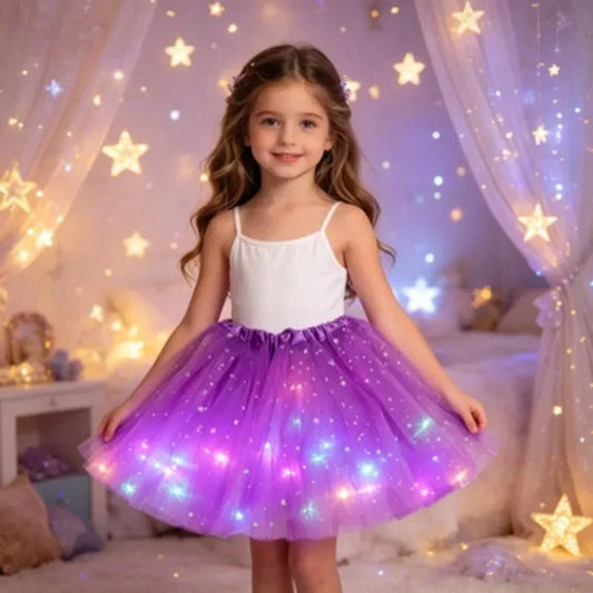 Children's Star Sequined LED Light-Up Tutu Skirt Halloween Carnival Party Girls' Glowing LED Skirt Half-Skirt Mesh Dress Costume