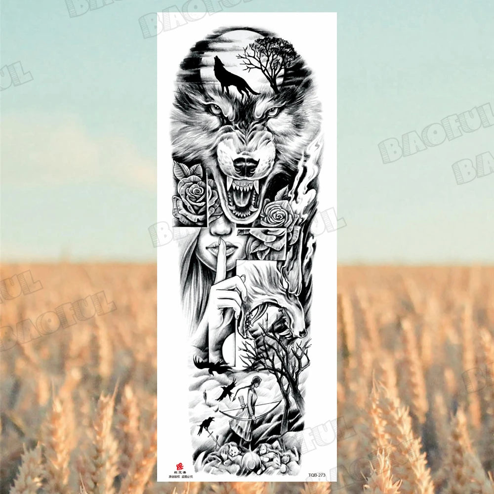 BAOFUL Full Arm Sleeve Temporary Tattoos For Women Men Realistic Wolf Lion Warrior Maori Fake Tattoo Stickers Thigh Leg Tatoos