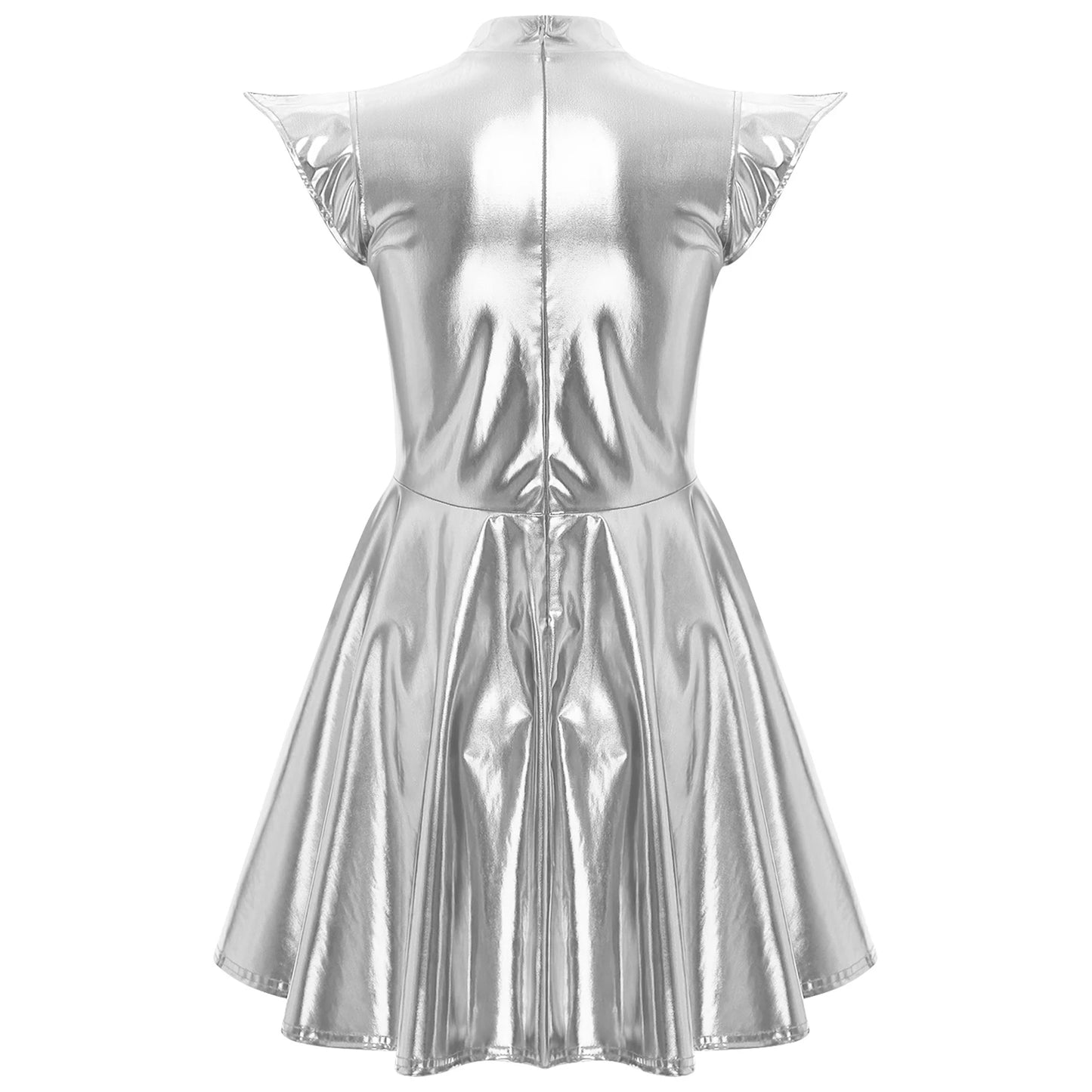 Womens High Waist A-line Dress Shiny Metallic Mock Neck Cap Sleeve Dress Modern Pole Dance Rave Party Bar Club Wear Street Wear