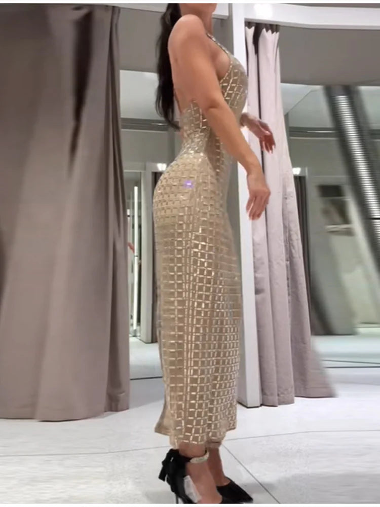 Sexy See Through Shinny Party Maxi Dress For Women O Neck Sleeveless Slim Fit Long Vestidos 2025 New Lady High Street Robes