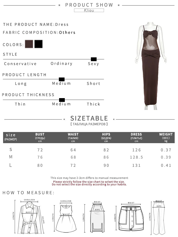 kliou Mesh Suspendency Women Maxi Dress Sexy See Through Tied Patchwork Low Neck Backless Bodycon Female Fashion Party Vestidos