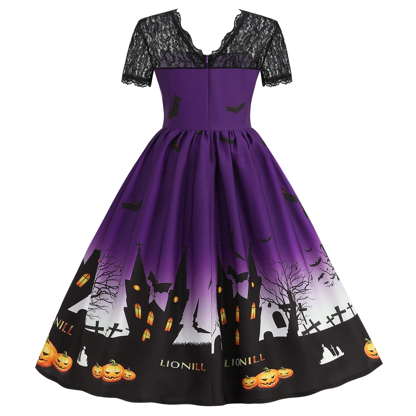 Halloween Gothic Dress Costume - Women's Retro Lace round Neck Short-Sleeved Printed Maxi Dress for Cosplay Party