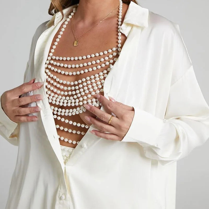 Handmade Elegant Pearl Top For Women Fashion Harness Chain Matching With Lady's Shirt