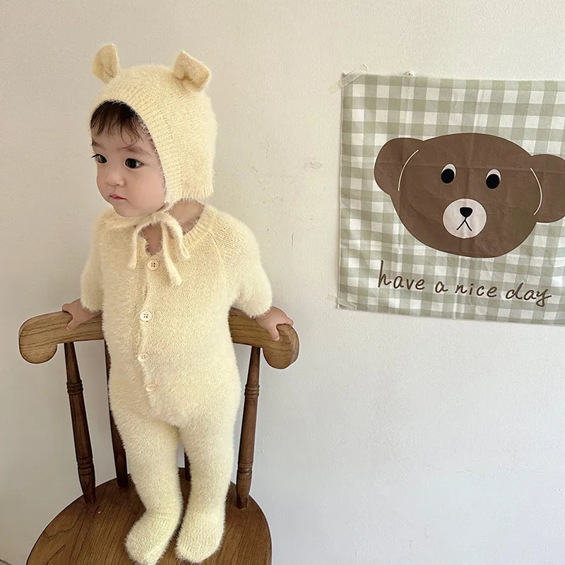 Newborn Baby Mink Fur Romper with Hood Cute Bear Animal Ear Footed Onesie Winter Warm Jumpsuit for 0-2 Years