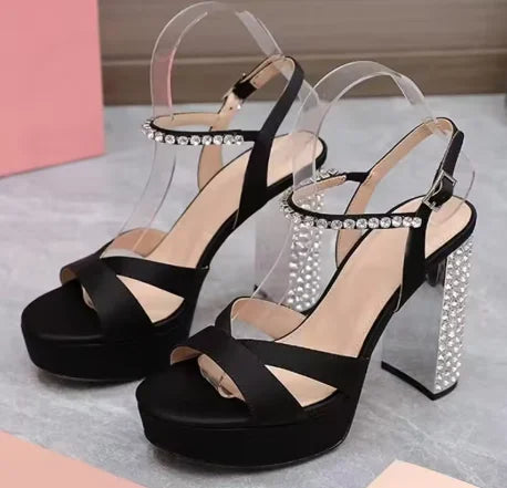 Luxury Crystal Chunky Heels Gladiator Sandals Women Sliver Leather Slingback High Heel Party Shoes Open Toe Women's Sandalias