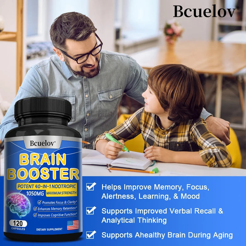 Brain Nutrition Capsules - Dietary Supplement, 40-in-1 Potent Formula, Vegan, Non-GMO, Supports Focus and Brain Health