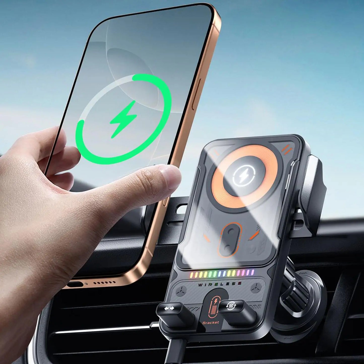 Car Holder With Dualed Motor Electric Rotating Opening Closing Mobile Phone Holder Wireless Fast Charging Phone Bracket