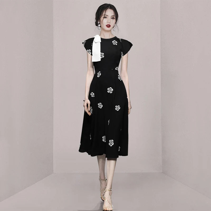Designer Fashion New Summer Rose Flower Embroidery Office Dress Elegant Women O Neck Hit Color Bowknot Black Floral Midi Dresses