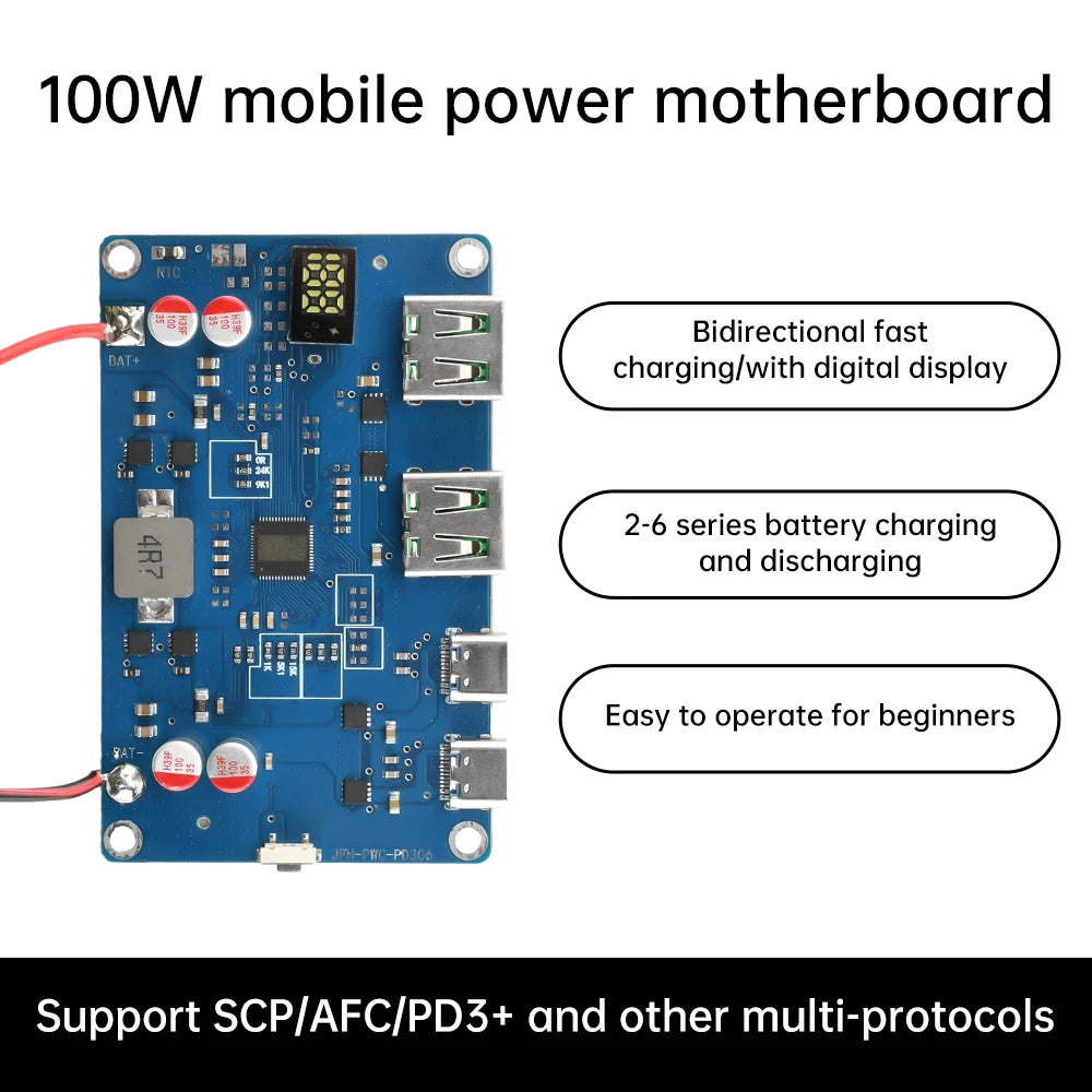 100W PD QC Mobile Power Module 2-6S Lithium Battery Protection Board Bidirectional Fast Charging DIY Power Bank Supporting MPPT