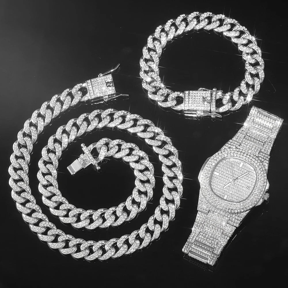 Iced Out Watch 3PCS Hip Hop Luxury Watches Jewelry Set Mens Women Watch Necklace Bracelet Bling Cuban Link Chain Choker Gift