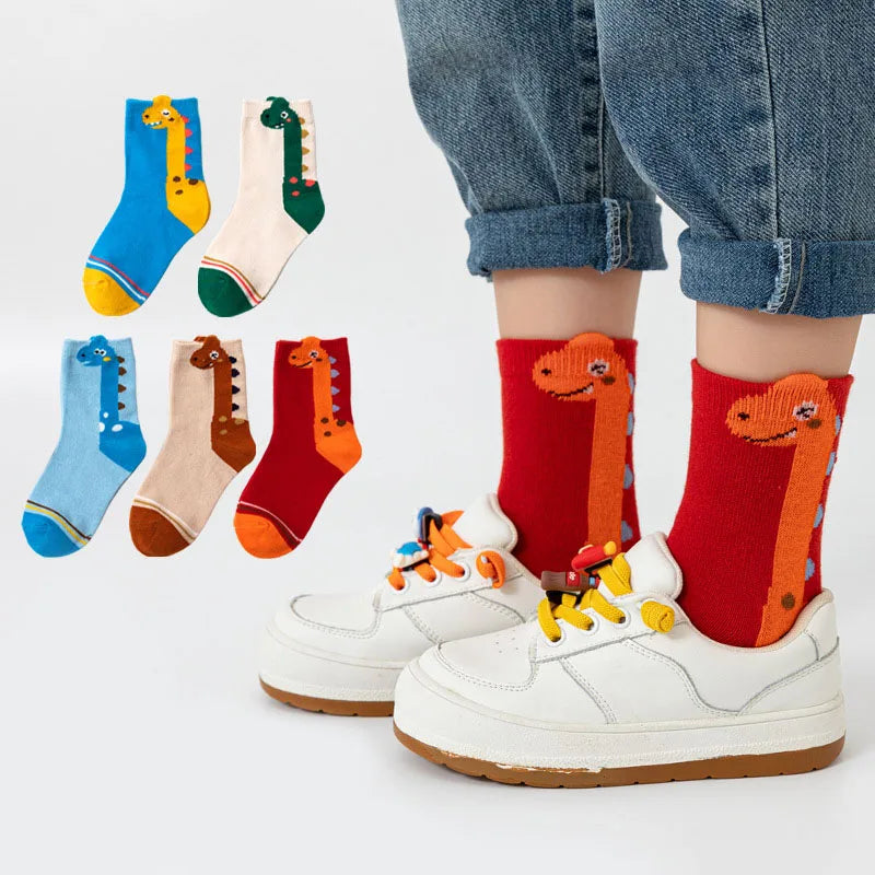 5 Pairs Kids Socks Cartoon Dinosaur Pattern Comfortable Children Socks For Boys And Girls